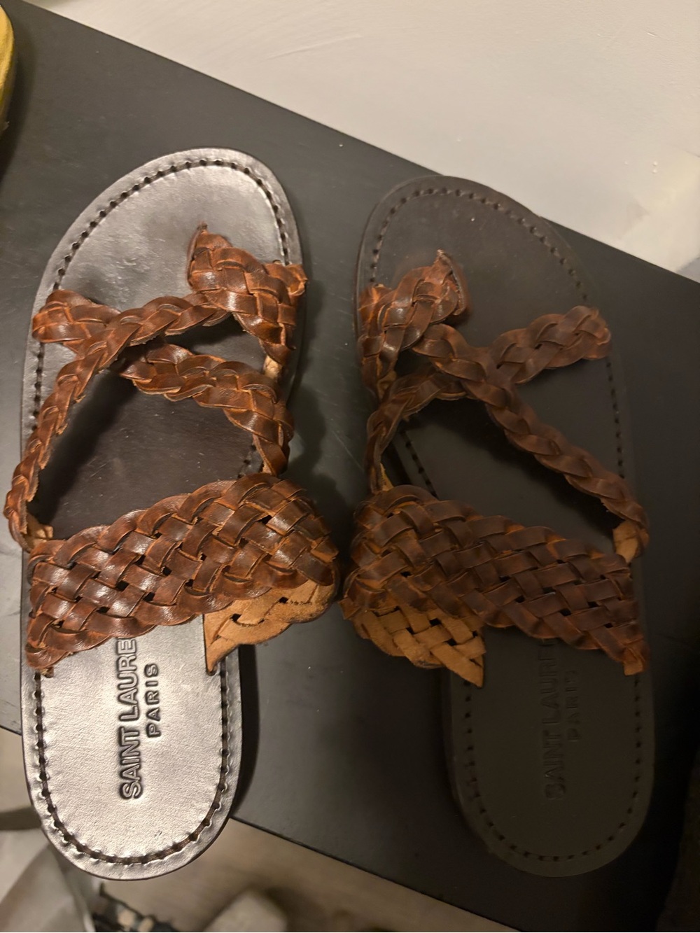Saint Laurent Brown Braided Leather Slide Sandals with Cross-Strap Weave